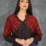 Black Cotton Shirt with Red Floral Thread Embroidery