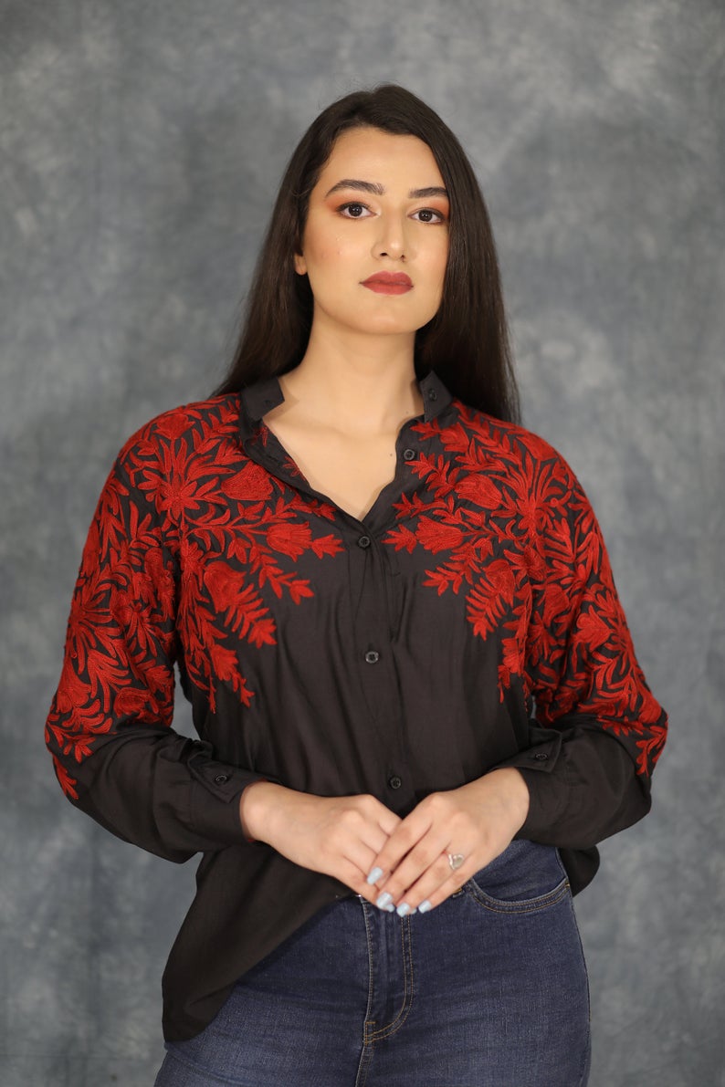 Black Cotton Shirt with Red Floral Thread Embroidery Black Cotton Shirt with Red Floral Thread Embroidery