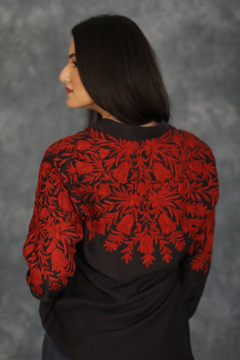 Black Cotton Shirt with Red Floral Thread Embroidery Back Black Cotton Shirt with Red Floral Thread Embroidery Back