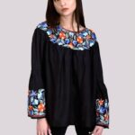 Bell Sleeves Top with Silk Thread Embroidery: Black Front