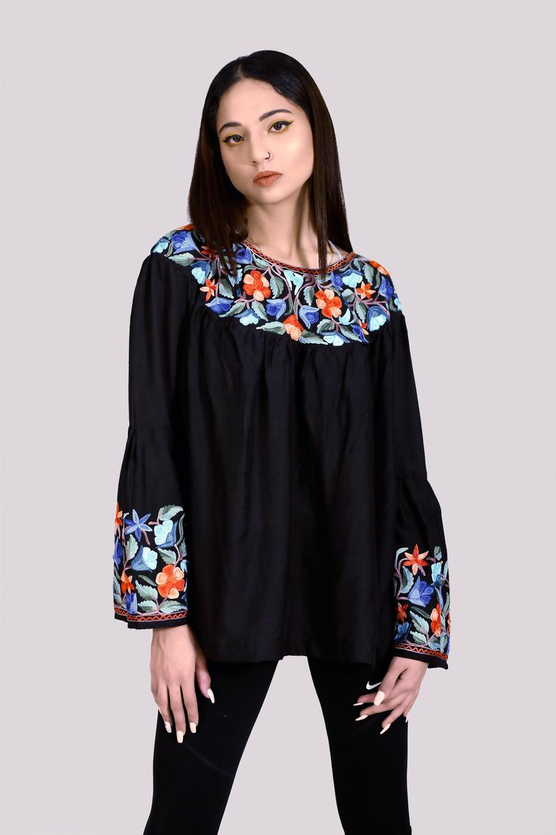 Bell Sleeves Top with Silk Thread Embroidery: Black Front Bell Sleeves Top with Silk Thread Embroidery: Black Front