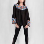 Bell Sleeves Top with Silk Thread Embroidery: Black