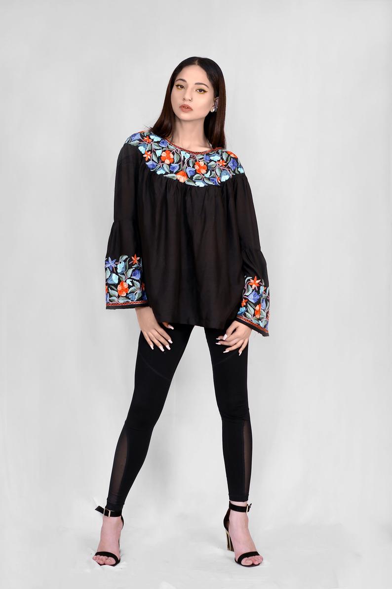 Bell Sleeves Top with Silk Thread Embroidery: Black Bell Sleeves Top with Silk Thread Embroidery: Black
