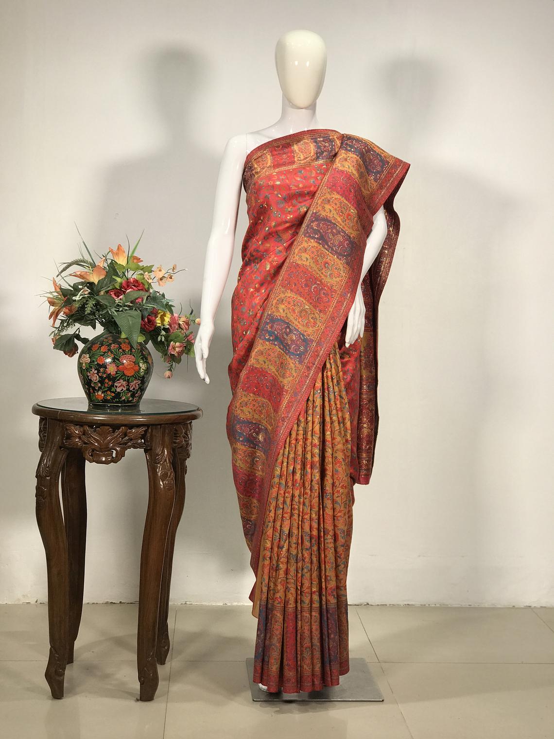 Dual Tone Modal Silk Jaal Kani Weave Saree: Red & Yellow Dual Tone Modal Silk Jaal Kani Weave Saree: Red & Yellow