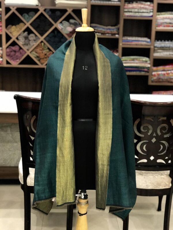 Tilla Weave Metallic Pure Pashmina Reversible Stole: Dark Green