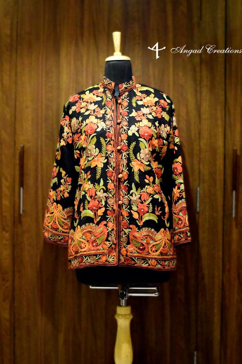 Short Black Woollen Jacket with Floral Embroidery Short Black Woollen Jacket with Floral Embroidery