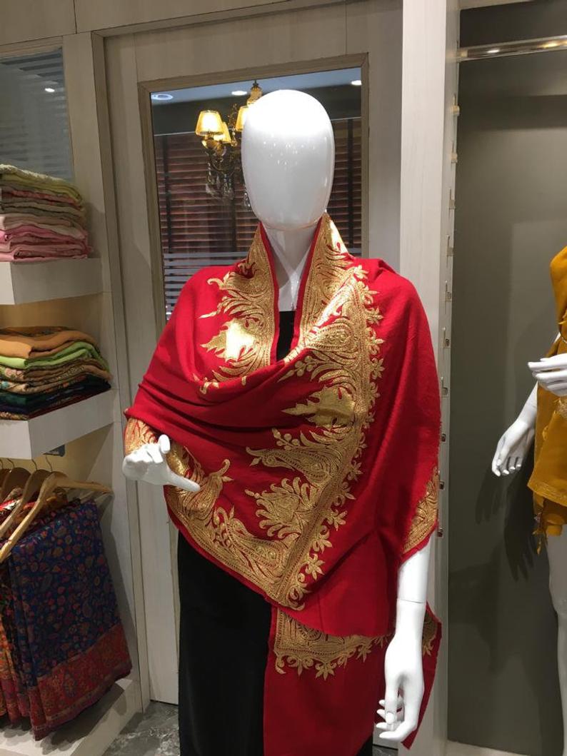 Pure Pashmina Stole with Golden Tilla Hand Embroidery