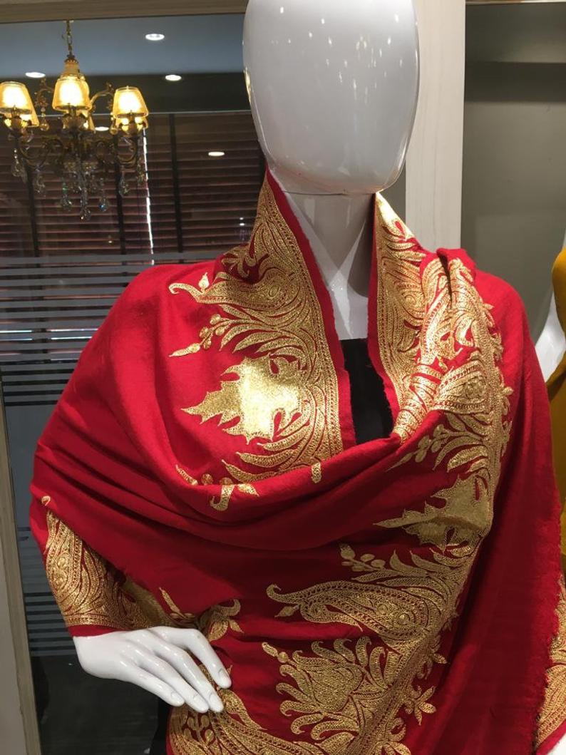Pure Pashmina Stole with Golden Tilla Hand Embroidery close up