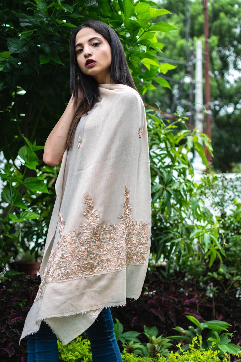 Pure Pashmina Stole with Hand Zardozi Thread, Pearl and Cut Daana Work Pure Pashmina Stole with Hand Zardozi Thread, Pearl and Cut Daana Work