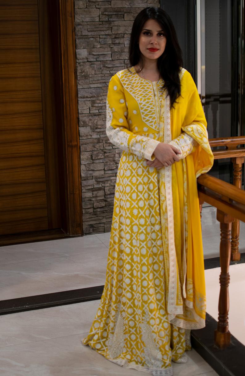 Yellow Dress with All-Over White Kashmiri Embroidery lobby view