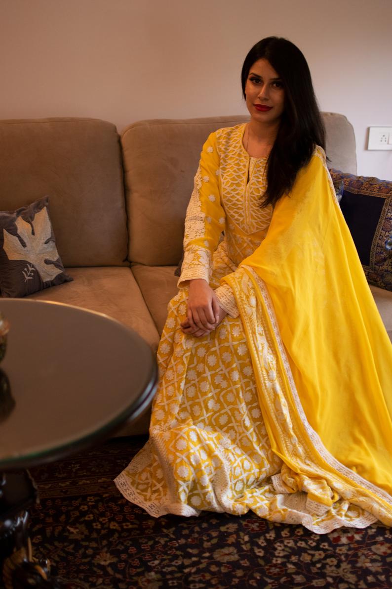 Yellow Dress with All-Over White Kashmiri Embroidery