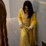 Yellow Dress with All-Over White Kashmiri Embroidery stairs view