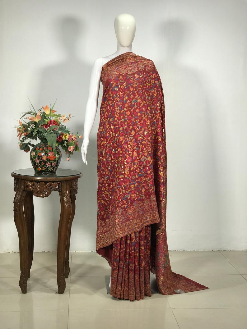 Dark Red Modal Silk Paisley Jaal Kani Weave Sari open view