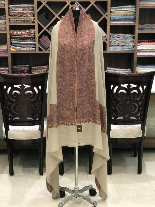 Hand Needle Work Embroidered Pure Pashmina Shawl: Natural