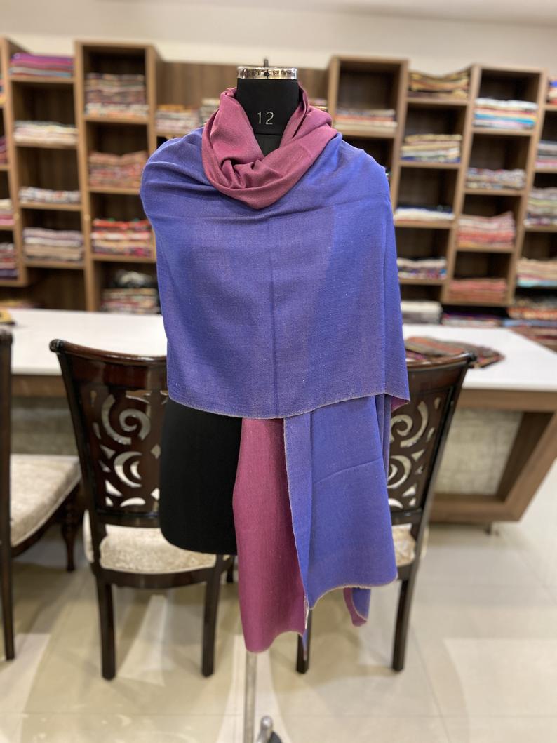 Solid Plain Pure Pashmina Reversible Shawl: Move and Blue Solid Plain Pure Pashmina Reversible Shawl: Move and Blue