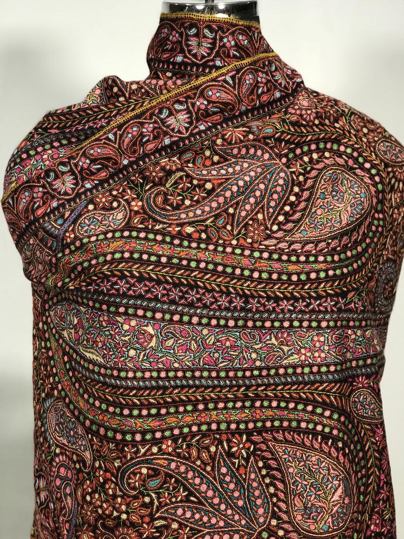 Black Papier Mache Intricate Jamawar Pure Pashmina Shawl close up Black Papier Mache Intricate Jamawar Pure Pashmina Shawl close up