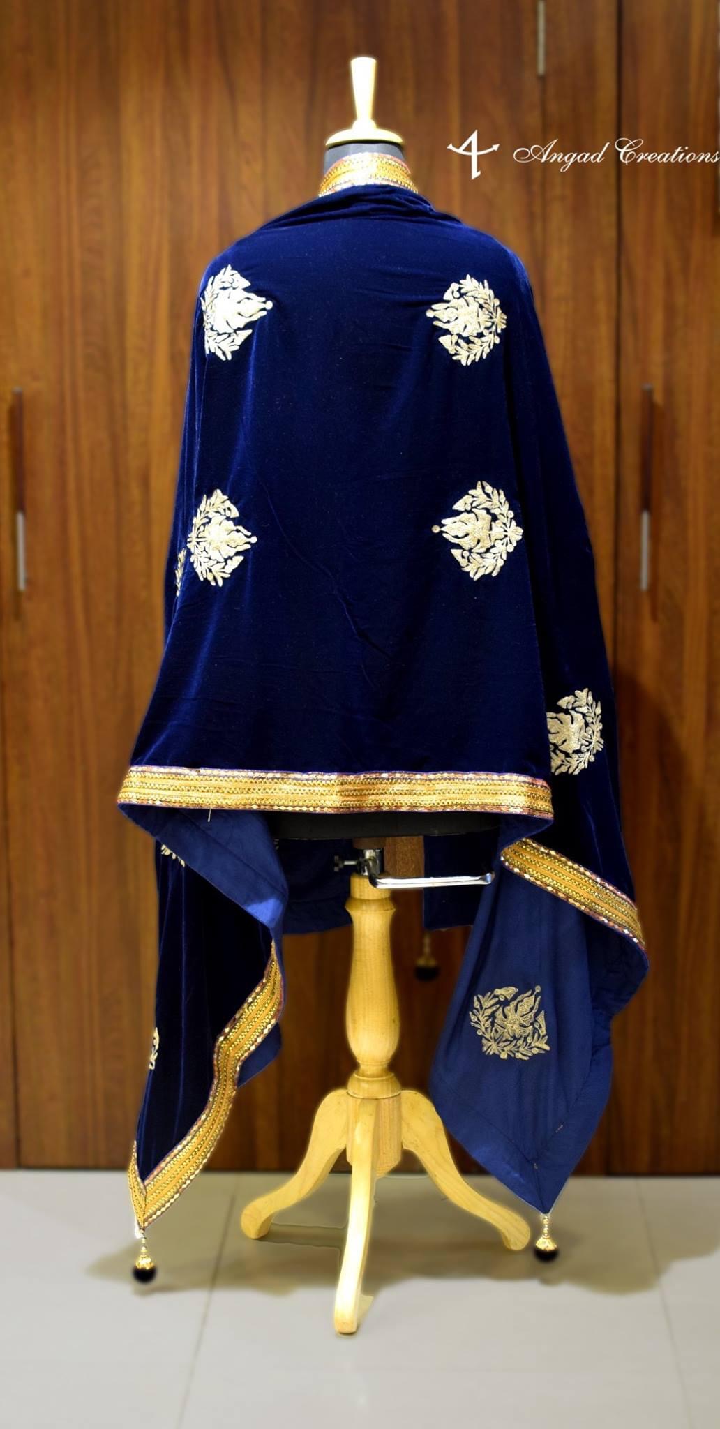 Navy Blue Velvet Shawl with Chinar Boteh Work back view Navy Blue Velvet Shawl with Chinar Boteh Work back view