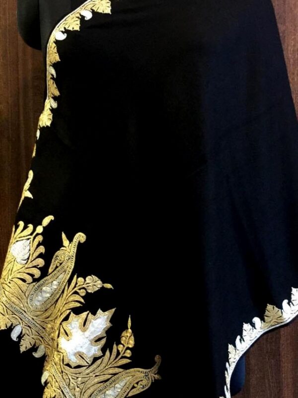 Black Pure Pashmina Wool Stole with Gold and Silver Tilla Hand Work