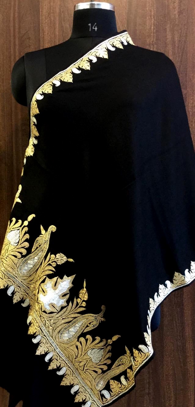Black Pure Pashmina Wool Stole with Gold and Silver Tilla Hand Work Black Pure Pashmina Wool Stole with Gold and Silver Tilla Hand Work