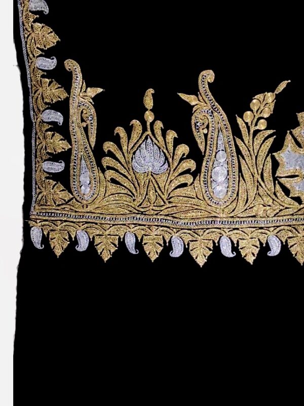 Black Pure Wool Stole with Gold and Silver Tilla Hand Work flat view