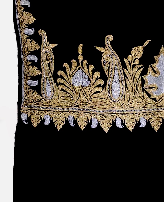 Black Pure Wool Stole with Gold and Silver Tilla Hand Work flat view Black Pure Wool Stole with Gold and Silver Tilla Hand Work flat view