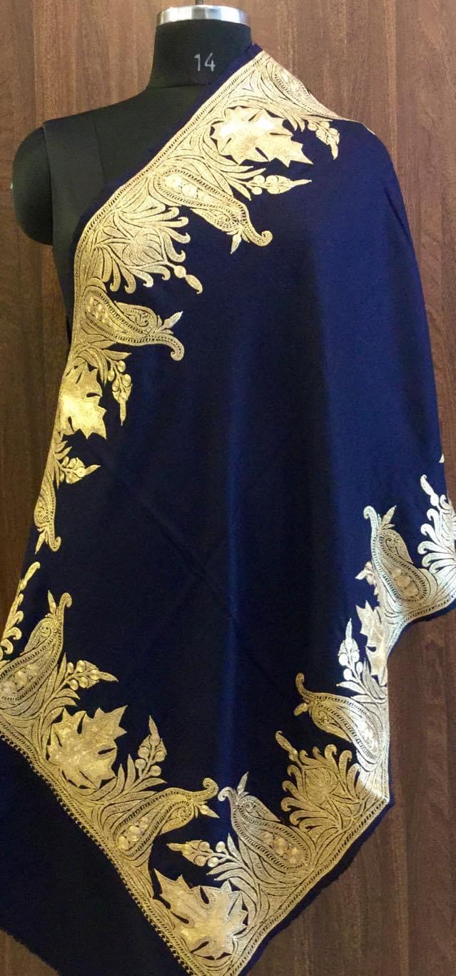 Navy Blue Pure Wool Shawl with Gold Tilla Hand Embroidery Navy Blue Pure Wool Shawl with Gold Tilla Hand Embroidery