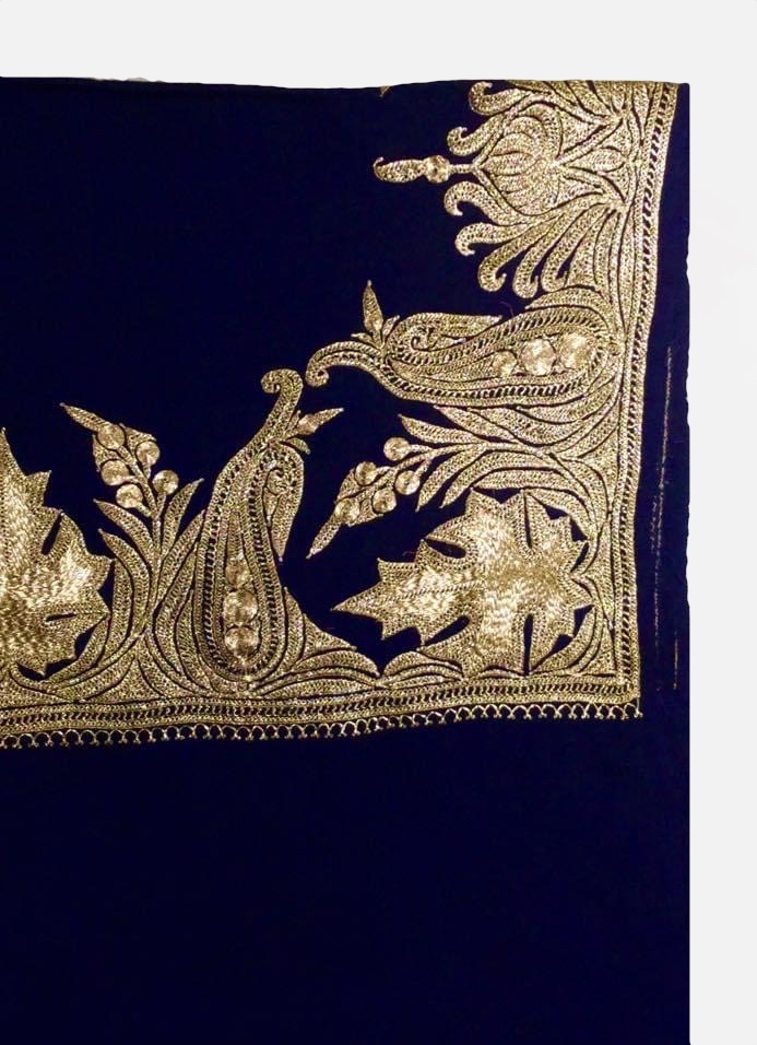 Navy Blue Pure Wool Shawl with Gold Tilla Hand Embroidery close up Navy Blue Pure Wool Shawl with Gold Tilla Hand Embroidery close up