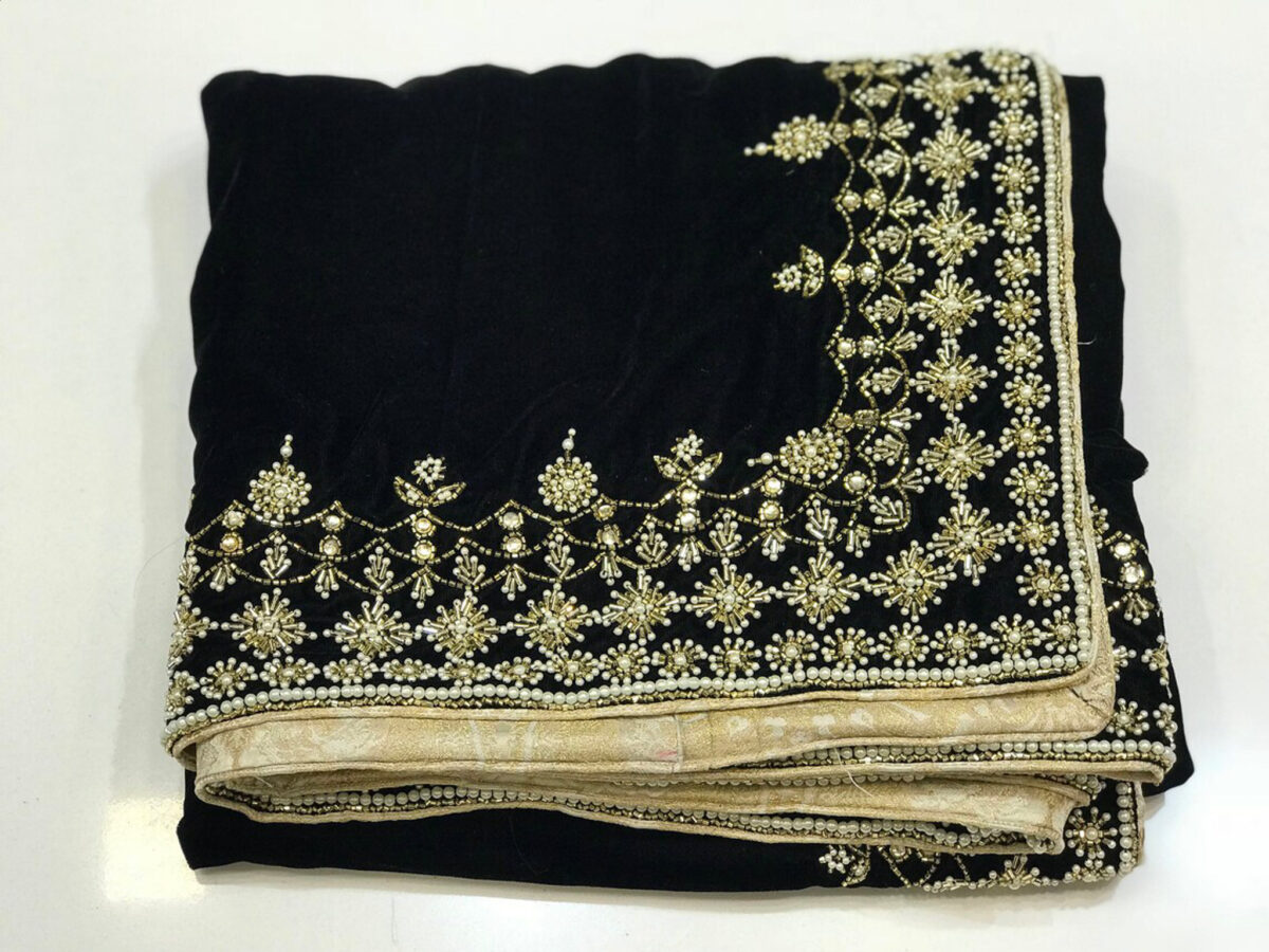 Wine Velvet Orni with Hand Cut Dana and Pearl Work