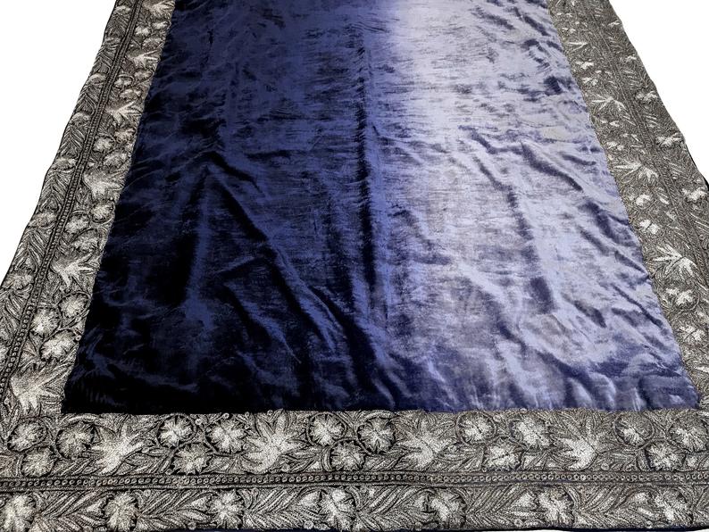 Ombre Blue Silk Velvet Orni with Puff Tilla Work flat view Ombre Blue Silk Velvet Orni with Puff Tilla Work flat view
