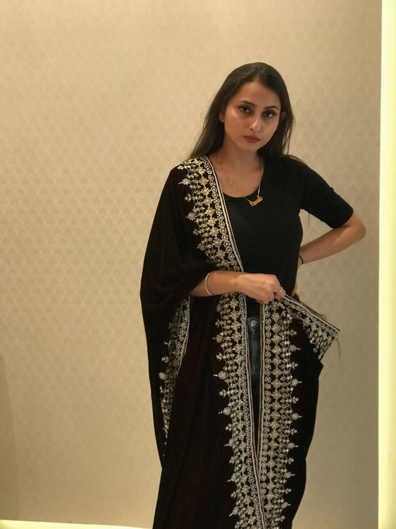 Wine Velvet Orni with Hand Cut Dana and Pearl Work shawl Wine Velvet Orni with Hand Cut Dana and Pearl Work shawl