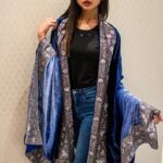 Ombre Blue Silk Velvet Orni with Puff Tilla Work