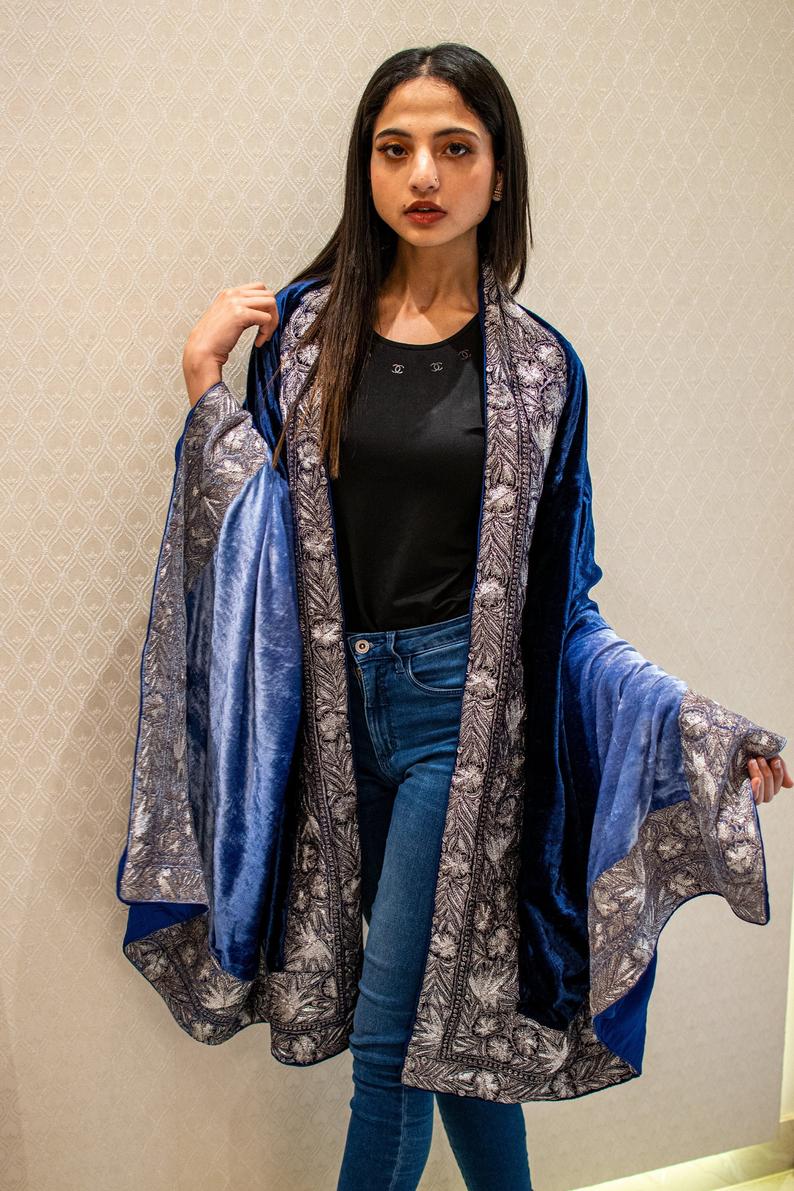 Ombre Blue Silk Velvet Orni with Puff Tilla Work Ombre Blue Silk Velvet Orni with Puff Tilla Work