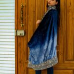 Ombre Blue Silk Velvet Orni with Puff Tilla Work flat view side view