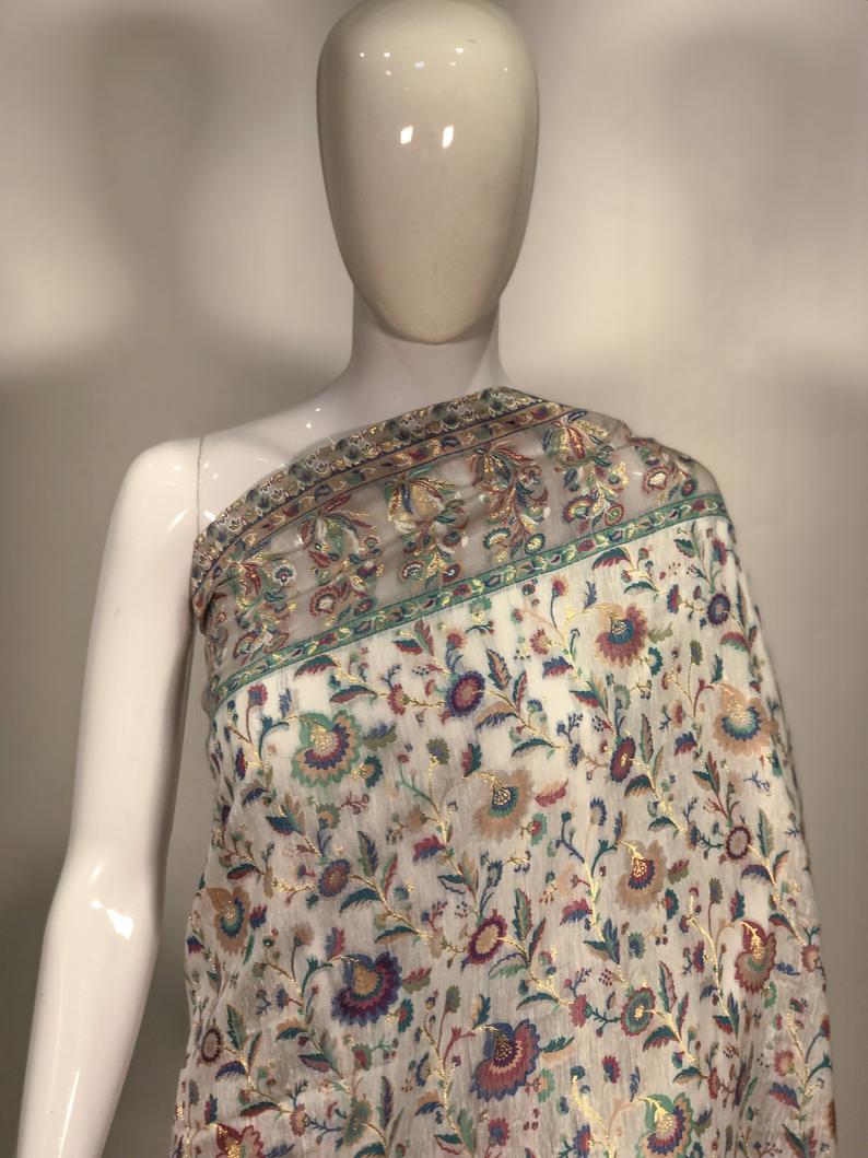 White Silk Modal Paisley Jaal Kani Weave Sari close up