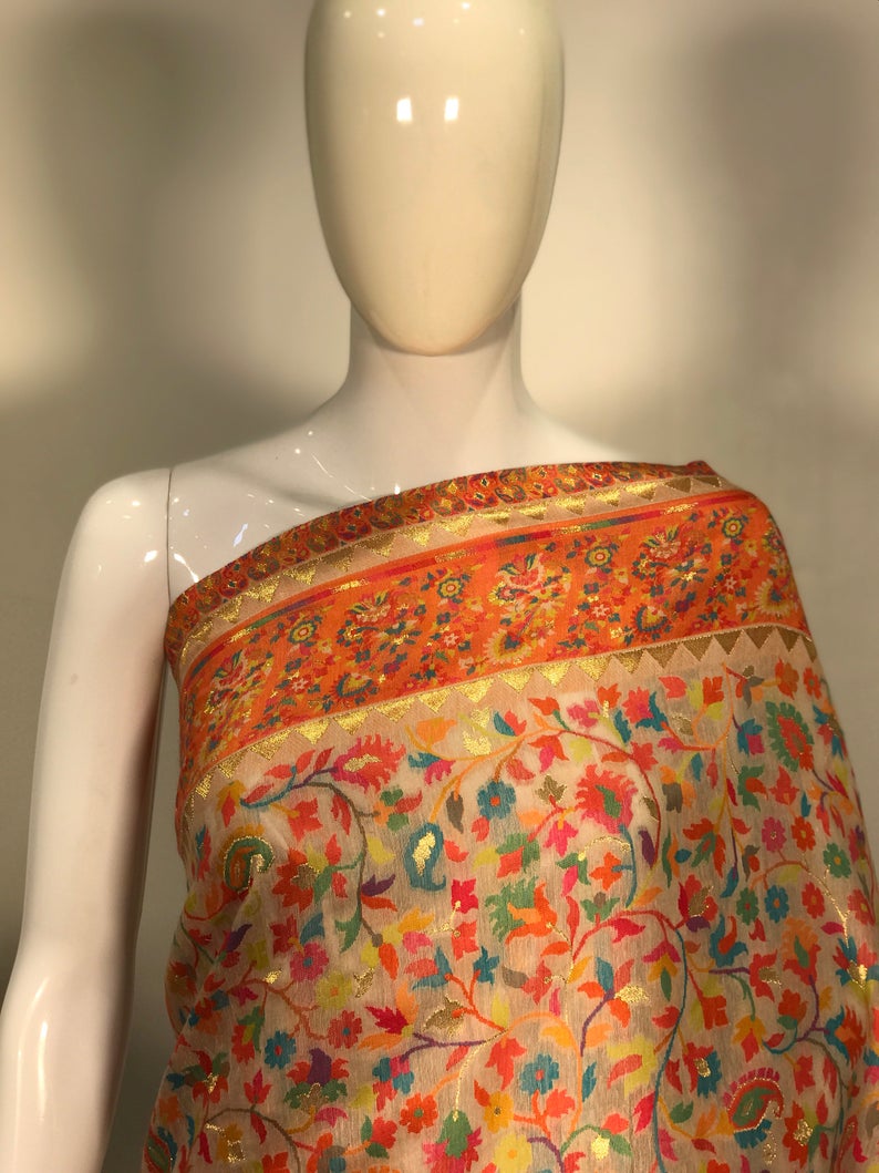 Faun Modal Silk Floral Jaal Kani Weave Saree close up Faun Modal Silk Floral Jaal Kani Weave Saree close up