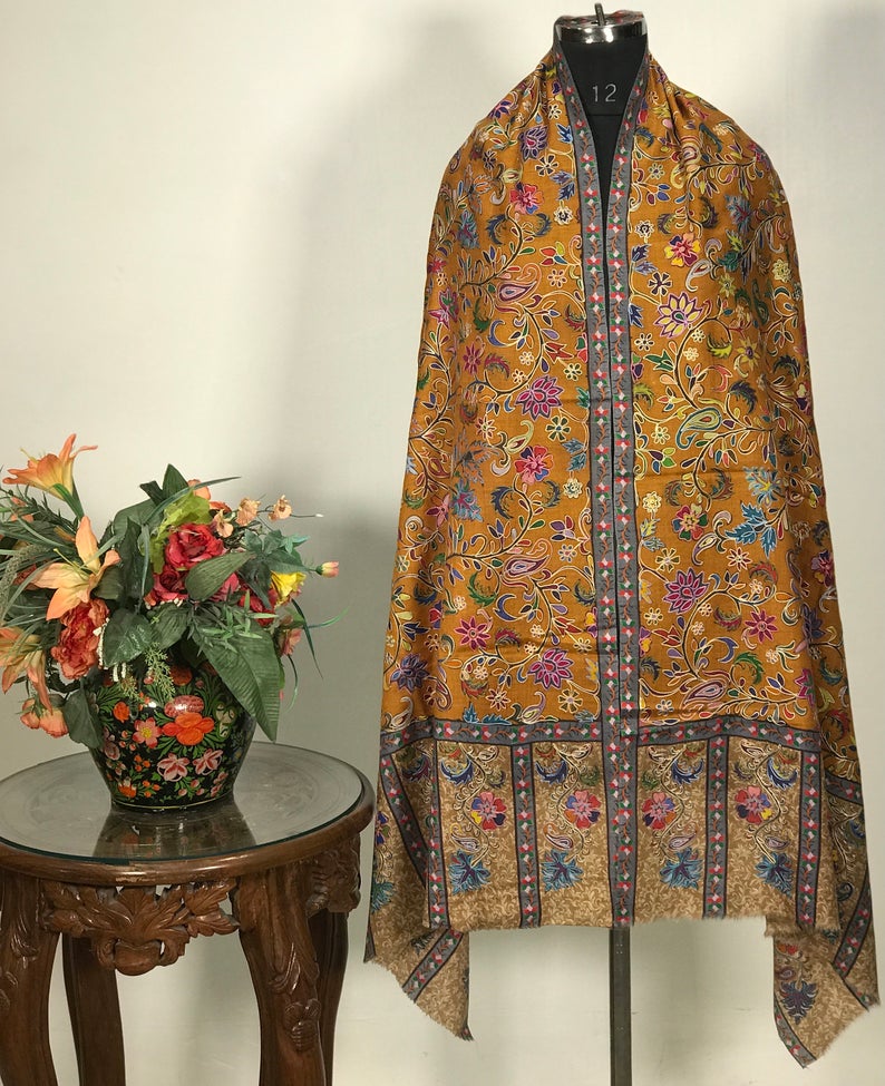 Mustard Yellow Fine Wool Outlined Kalamkari Stole Mustard Yellow Fine Wool Outlined Kalamkari Stole