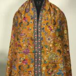 Mustard Yellow Fine Wool Outlined Kalamkari Stole close up