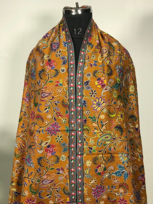 Mustard Yellow Fine Wool Outlined Kalamkari Stole close up