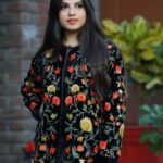 All Over Floral Embroidered Black Velvet Zipper Jacket close up