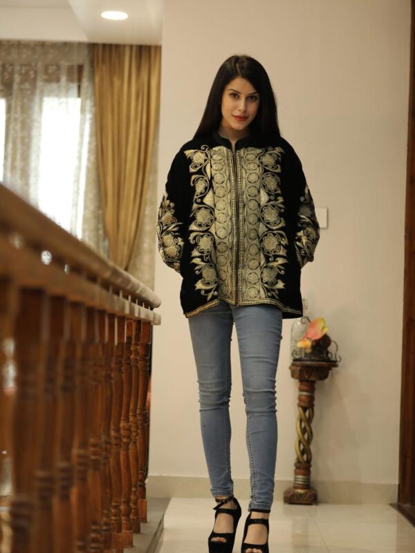 Dull Gold Puff Tilla Work Black Velvet Zipper Jacket