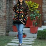 All Over Floral Embroidered Black Velvet Zipper Jacket