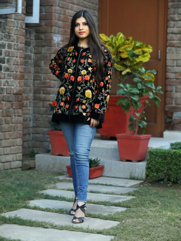All Over Floral Embroidered Black Velvet Zipper Jacket