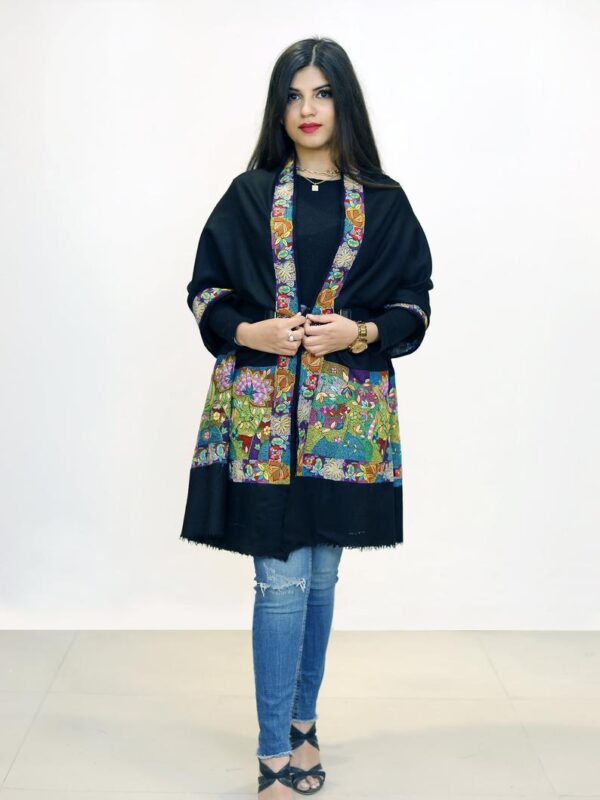 Black Papier Mache Tootoo Hand Embroidered Pure Pashmina Stole
