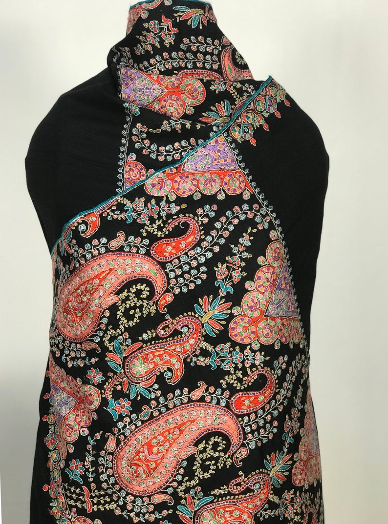 Hand Needle Work Paisley Embroidered Pure Pashmina Shawl: Black close up
