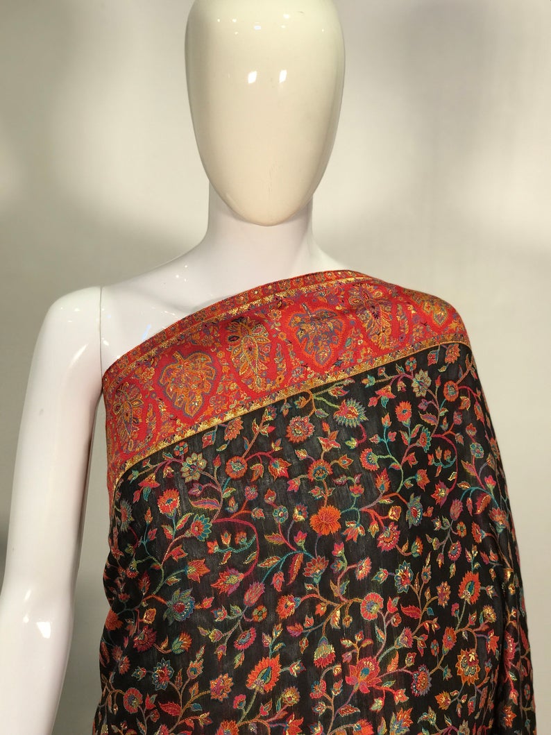 Black Modal Silk Kani Weave Saree: Bari Ambi Design close up