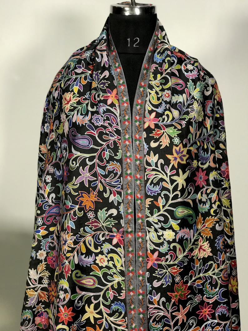 Black Fine Wool Kalamkari Stole close up Black Fine Wool Kalamkari Stole close up