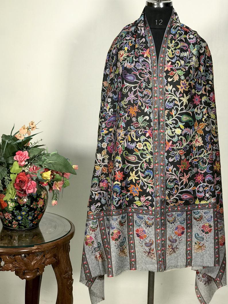 Black Fine Wool Kalamkari Stole Black Fine Wool Kalamkari Stole