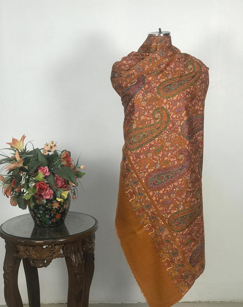 Squash Hand Papier Mache Jamawar Pure Pashmina Shawl