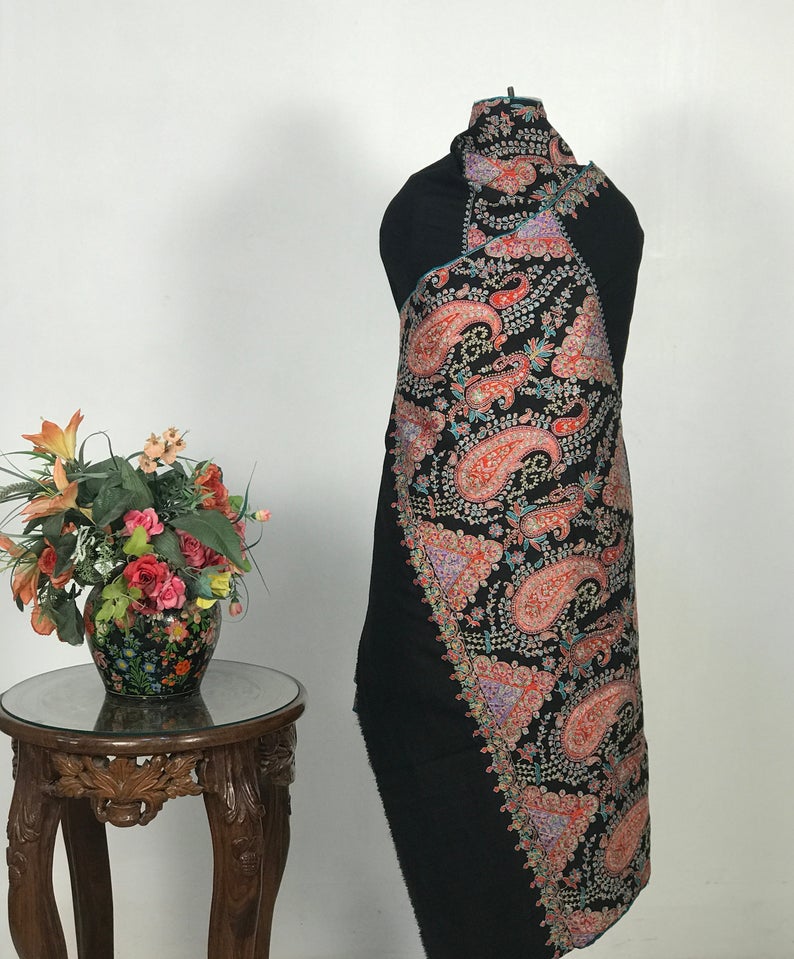 Hand Needle Work Paisley Embroidered Pure Pashmina Shawl: Black