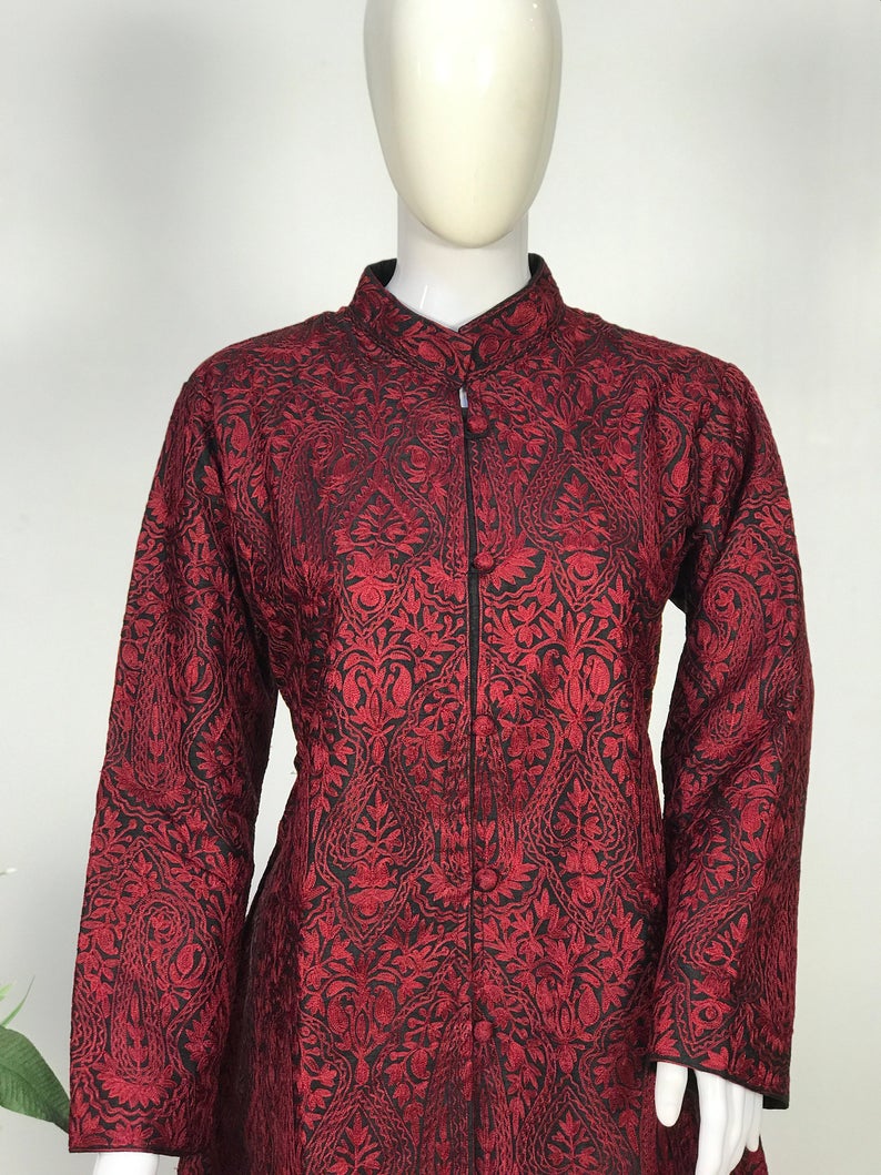 Black Kashmiri Jamawar Jacket with Maroon Embroidery, Embroidered Jackets close up Black Kashmiri Jamawar Jacket with Maroon Embroidery, Embroidered Jackets close up